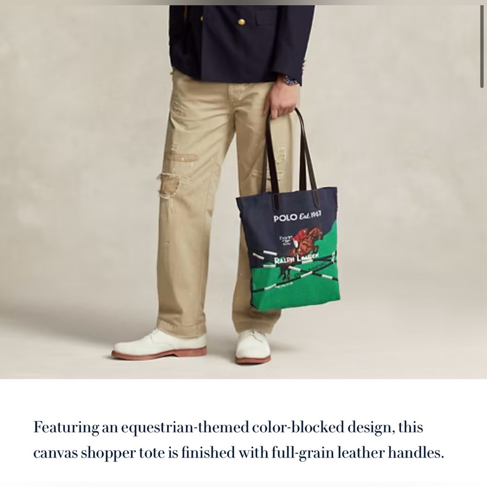 Ralph Lauren Green and Black Equestrian Canvas Tote Bag With Leather Straps